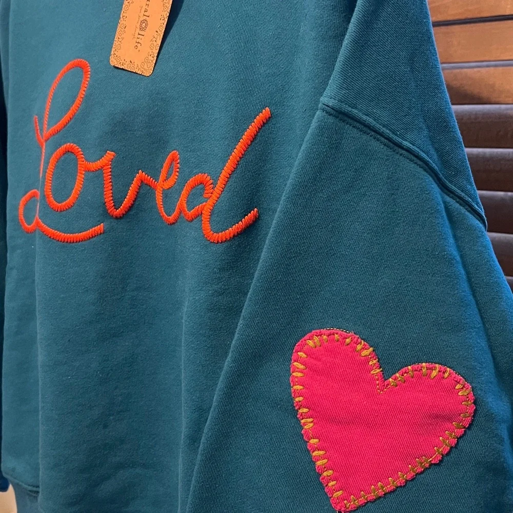 NATURAL LIFE Teal Sweatshirt with Orange and Pink Accents - Picture 3 of 4
